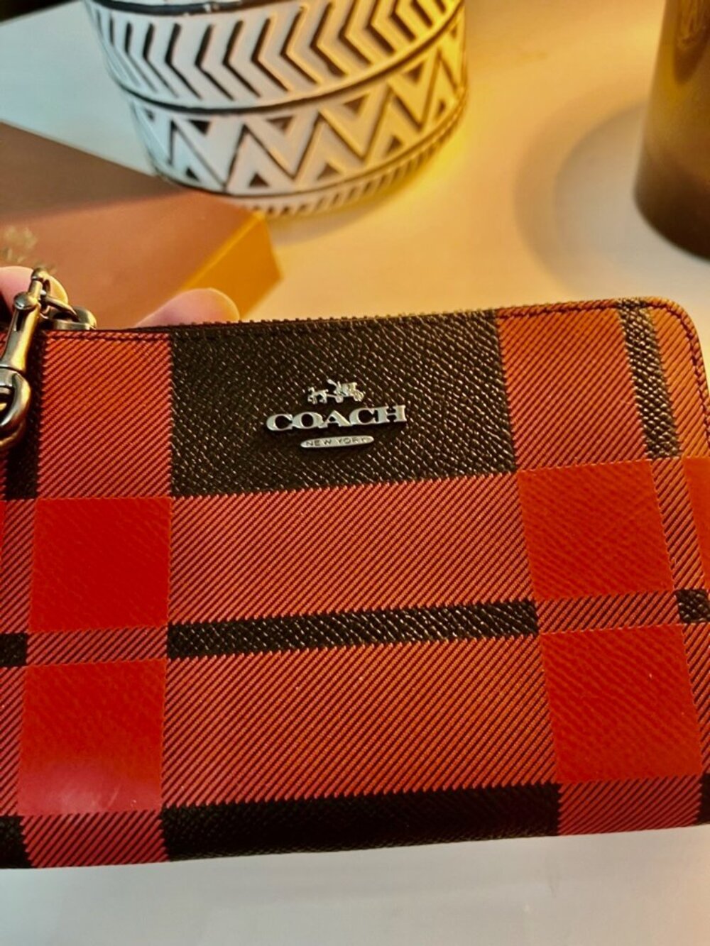 Coach Red and Black Plaid Wristlet with Black Trim - Picture 2 of 5